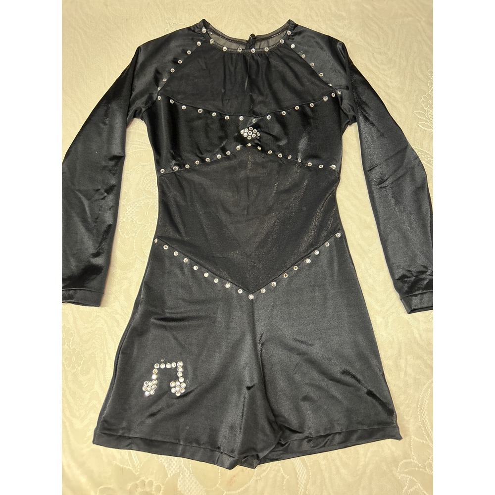Vintage 90s Dance Costume Black Rhinestone Musical‎ Note Mesh Romper Y2K 80s